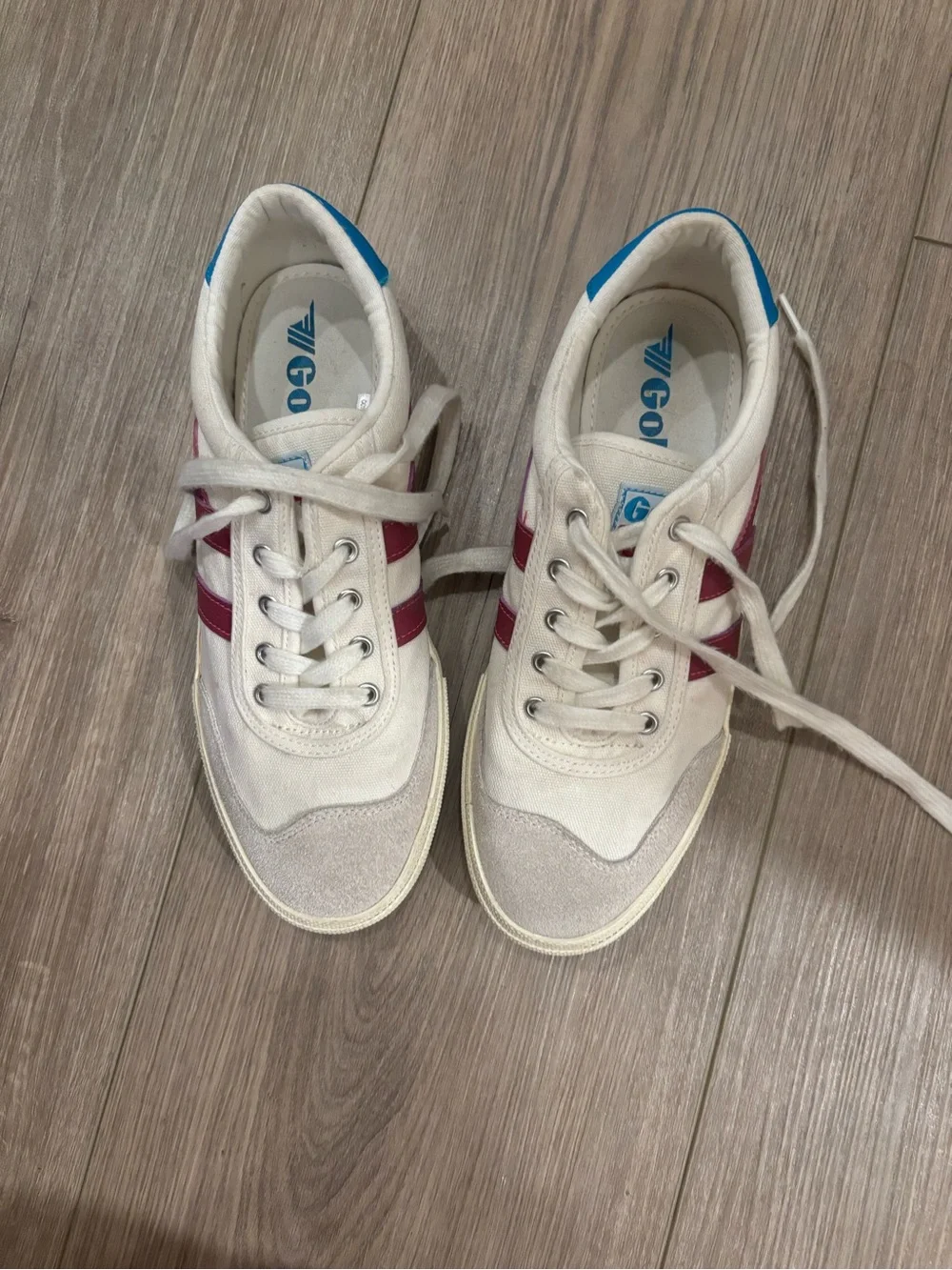 Gola White Sneakers with Burgundy Stripes and Blue Heel Tab